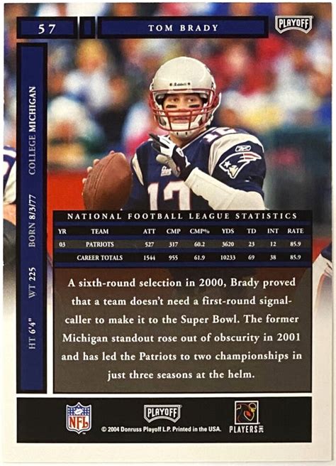 Tom Brady 2004 Donruss Playoff Honors New England Patriots Football