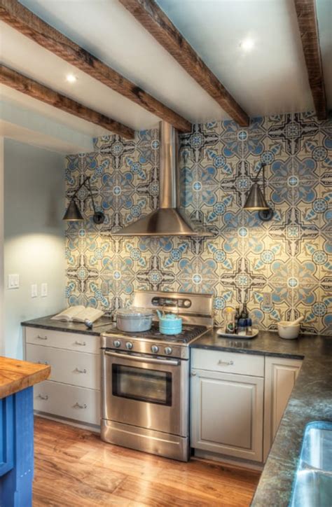 Create a decorative kitchen backsplash with cement tiles