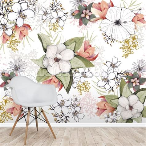 White Floral Burst Mural By Kelly Kratzing Wallsauce Uk