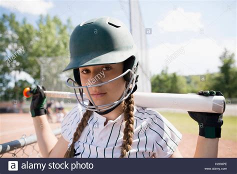 Portrait Serious Middle School Girl Softball Player Wearing Batting