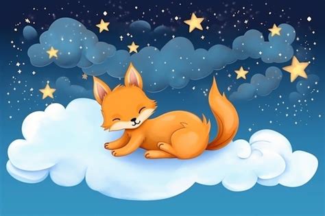 Un Zorro De Dibujos Animados Durmiendo En Una Nube Con Estrellas En El