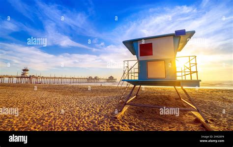 Rescue Tower At Huntington Beach During Sunset Stock Photo Alamy