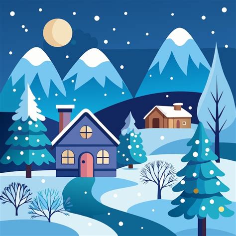Premium Vector A Snowy Winter Scene With A House Trees And Mountains