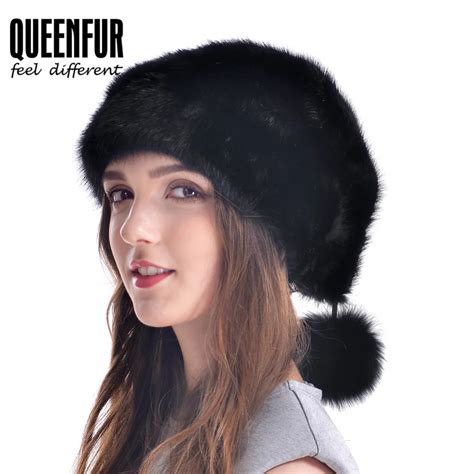 Women Christmas Hats Real Mink Fur Hat With Fur Pom Poms Warm Fashion