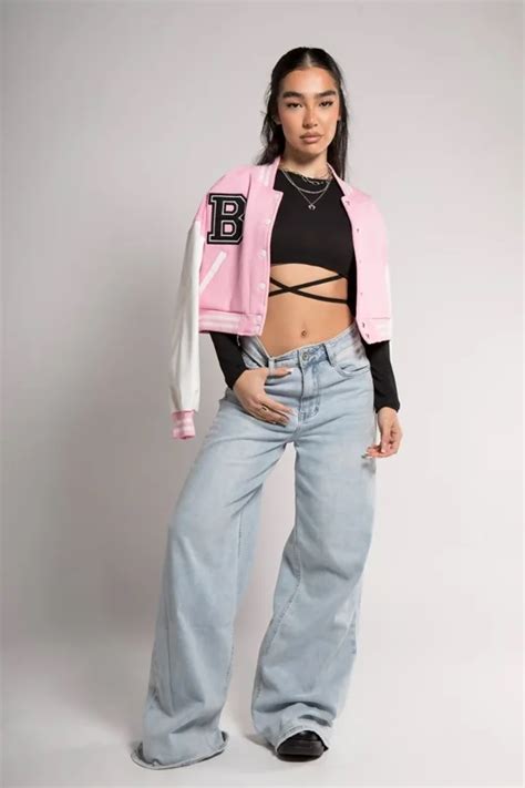 Pink Cropped Contrast Sleeve Varsity Jacket | Justyouroutfit