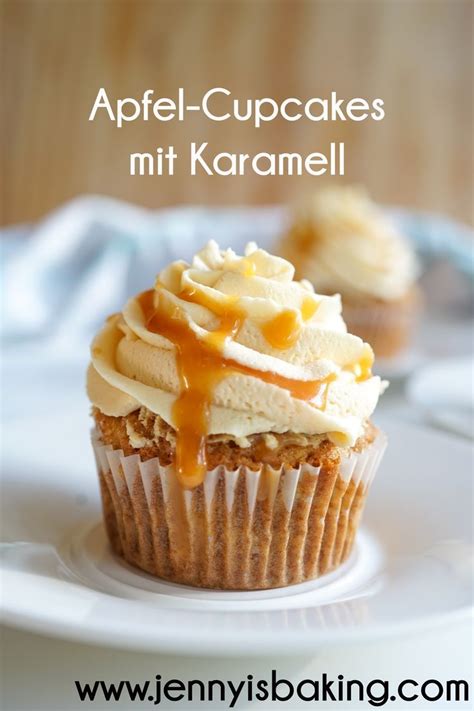 An Apple Cupcake With Caramel Icing On A White Plate