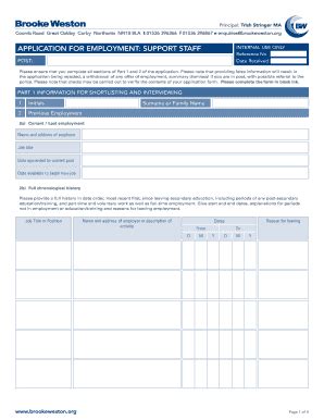 Fillable Online Brookeweston Application For Employment Support Staff