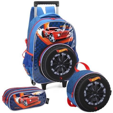 Kit Mochila De Rodinhas Estojo Lancheira Menino Hot Wheels Luxcel