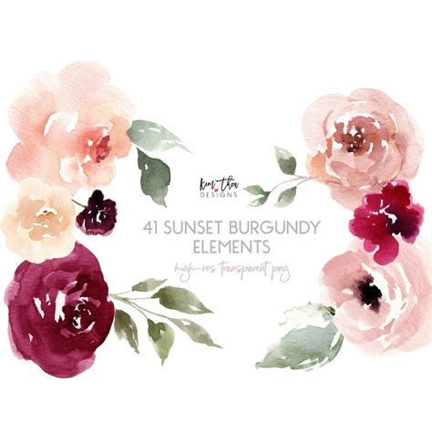 Sunset Burgundy Autumn Floral Elements Watercolor Clipart Etsy