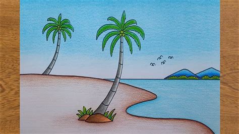 Cara Menggambar Pemandangan Pantai How To Draw A Scenery Of Sea Beach