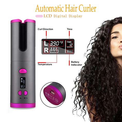 Wireless Hair Curler Automatic Curling Iron Ceramic Rotating Cordless Usb Rechargeable Timer Lcd