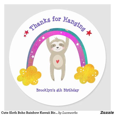 Cute Sloth Boho Rainbow Kawaii Birthday Thank You Classic Round Sticker