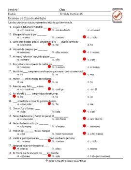 Reflexive And Reciprocal Pronouns Spanish Multiple Choice Exam Tpt