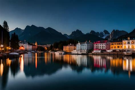 Una Ciudad De Noche Con Un Lago Y Monta As Al Fondo Foto Premium