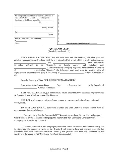 Quitclaim Deed By Two Individuals To Llc Minnesota Form Fill Out And