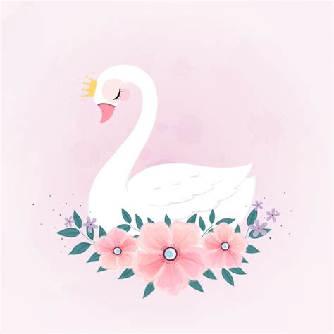 Nette kleine prinzessin swan mit blumenstrauß Premium Vektor