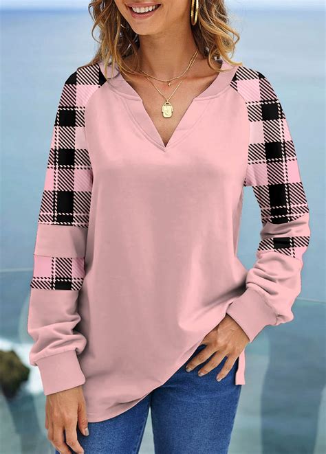 ROTITA Tartan Print Light Pink V Neck Sweatshirt Rotita USD 26 98