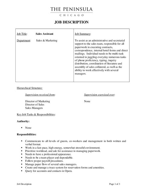 Fillable Online Sales Assistant Job Description Sample Template Fax Email Print Pdffiller