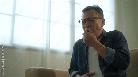 Mature Old Man Gray Haired Have Throat Irritation Mucus And Coughing