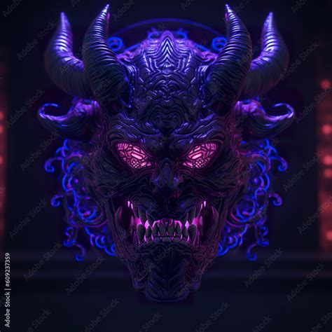 Demonic Looking Oni Mask With Purple Flames Coming Out Of The Mask And