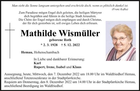 Traueranzeigen Von Mathilde Wism Ller Mittelbayerische Trauer