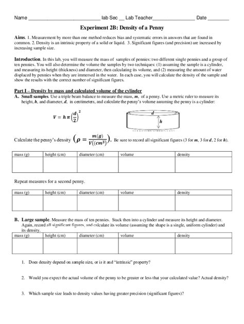 Fillable Online Worksheet For Measuring The Density Of Pennies