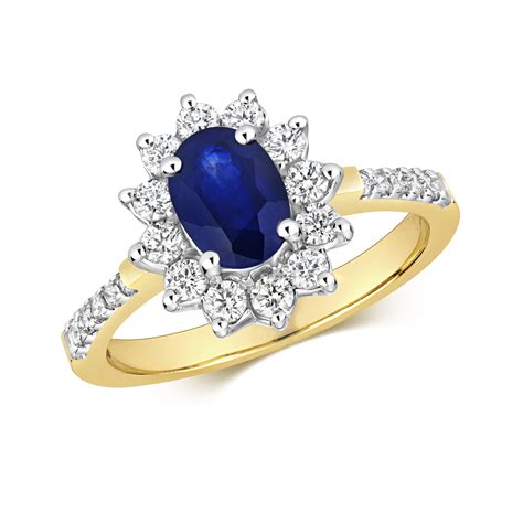 9ct Yellow White Gold Oval Sapphire And Round Brilliant Cut Diamond