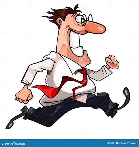 Cartoon Cheerful Man In A Tie And Glasses Very Fast Runs Stock Vector