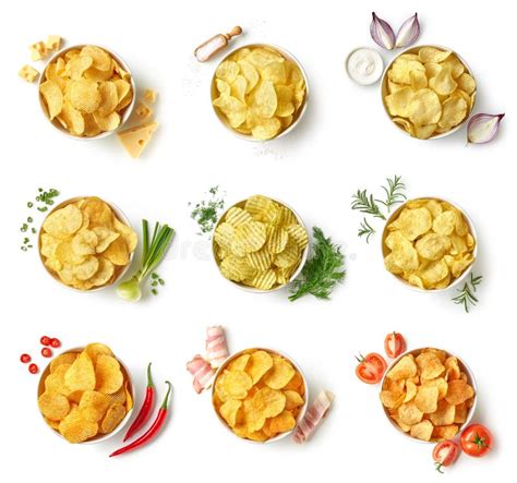 Set Or Collection Of Different Flavor Potato Chips Or Crisps Stock