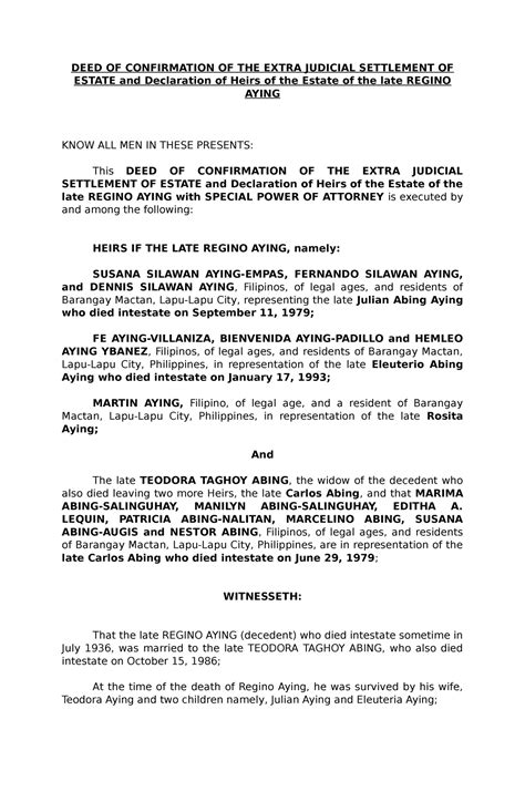 Deed Of Confirmation Of The Extra Judicial Settlement Of Estate And