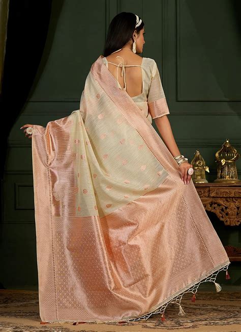 Shop Online Off White Banarasi Silk Weaving Work Contemporary Sari