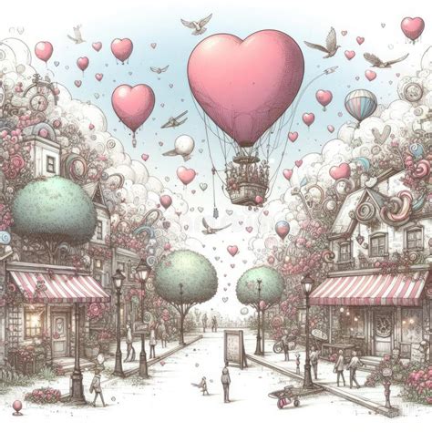 Whimsical Town With Heart Shaped Hot Air Balloon And Floating Hearts