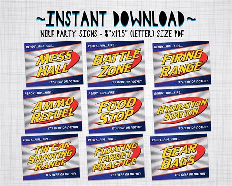 Nerf Party Signs Nerf Wars Birthday Party Decorations 8 5x11in