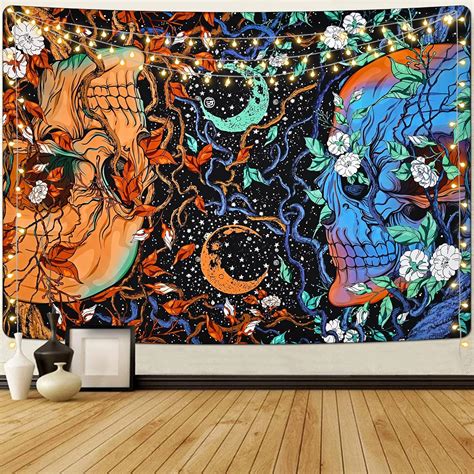 Amazon Krelymics Skull Floral Tapestry Aesthetic Leaves Tapestry