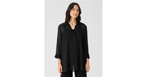 Eileen Fisher Sheer Silk Georgette Classic Collar Shirt In Black Lyst