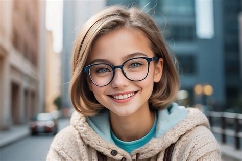 Premium Photo Cute Caucasian Girl With Eyeglasses Smiling At Camera