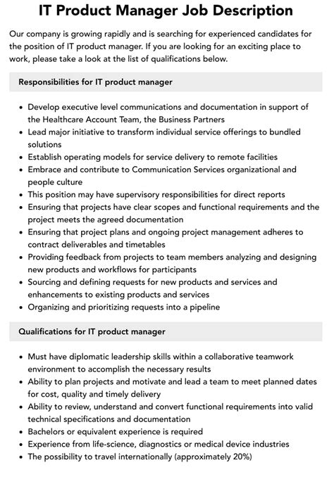 It Product Manager Job Description Velvet Jobs