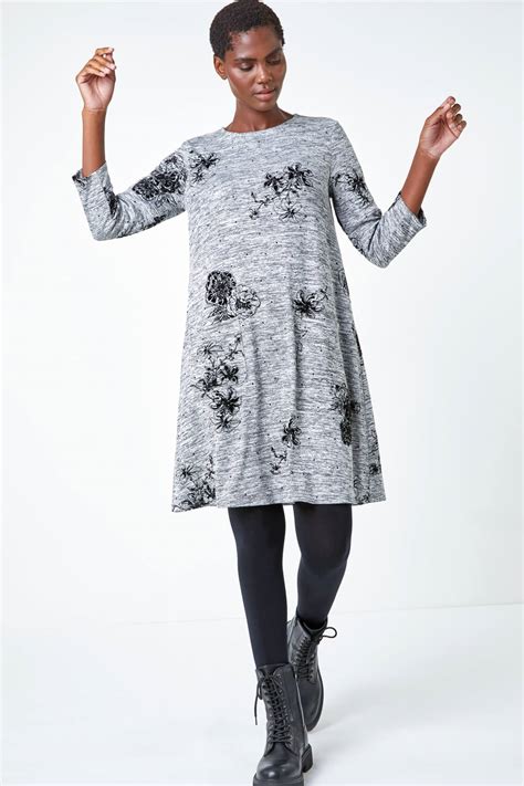 Grey Textured Floral Print Swing Stretch Dress Roman Uk