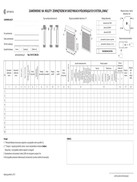 Fillable Online Anwis ZAMWIENIE NA ROLETY ZEWNTRZNE W SKRZYNKACH