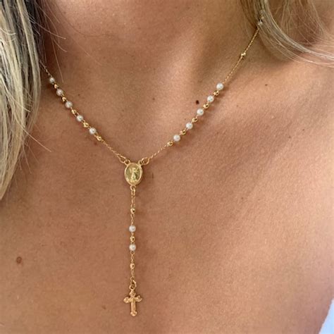 Pearl Rosary Necklace Gold Rosary Necklaces Catholic Jewelry Etsy Canada