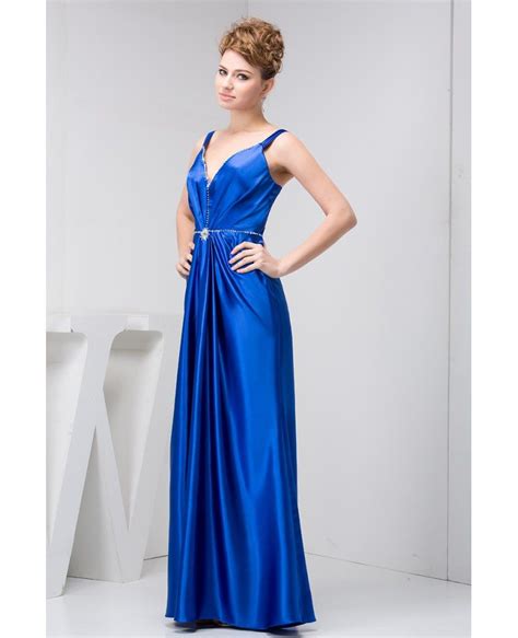 A Line V Neck Floor Length Satin Evening Dress With Beading Op