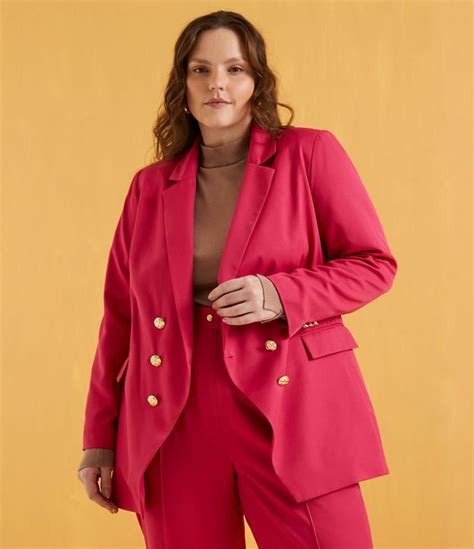 Blazer Alongado Em Alfaiataria Es Dourados Curve Plus Size Rosa