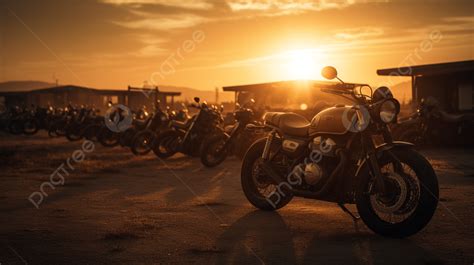 Row Of Motorcycles Parked On The Ground Cool American Bikes And The