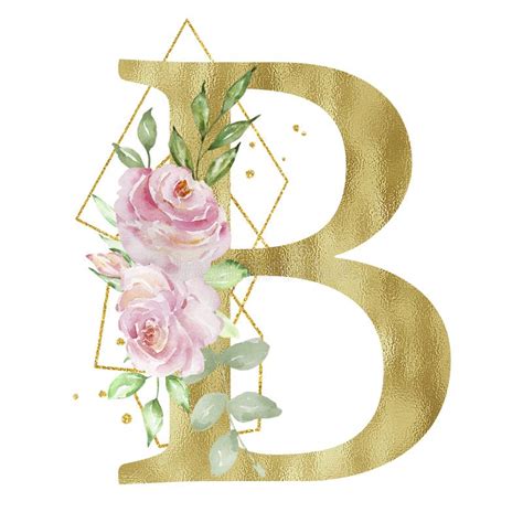 Floral Watercolor Alphabet Golden Letter B With Roses Stock Photo