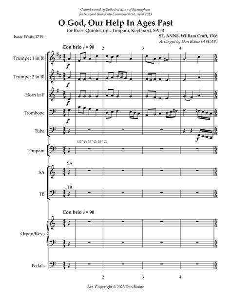 O God Our Help In Ages Past For Brass Quintet Timpani Keyboard Satb