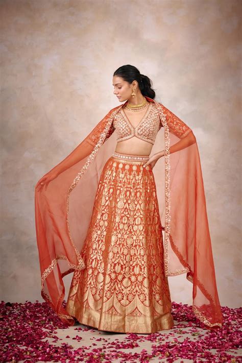 Burnt Orange Banarasi Silk Lehenga Frontier Raas