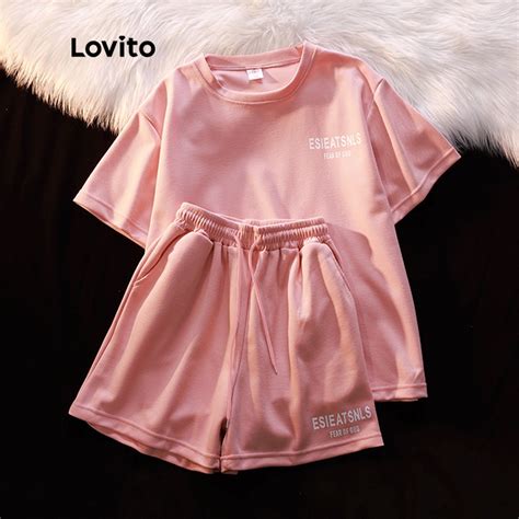 Lovito Casual Plain Drawstring Round Neck Shorts Sets For Women