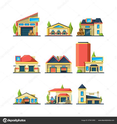 Warehouse Flat Industrial Buildings Empty Construction Factory Vector