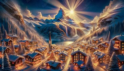 Painting Representing a Charming Christmas Village in the Alps Heavy ...