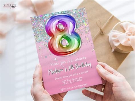 8th Birthday Invitation Pink Glitter Birthday Invitation Etsy